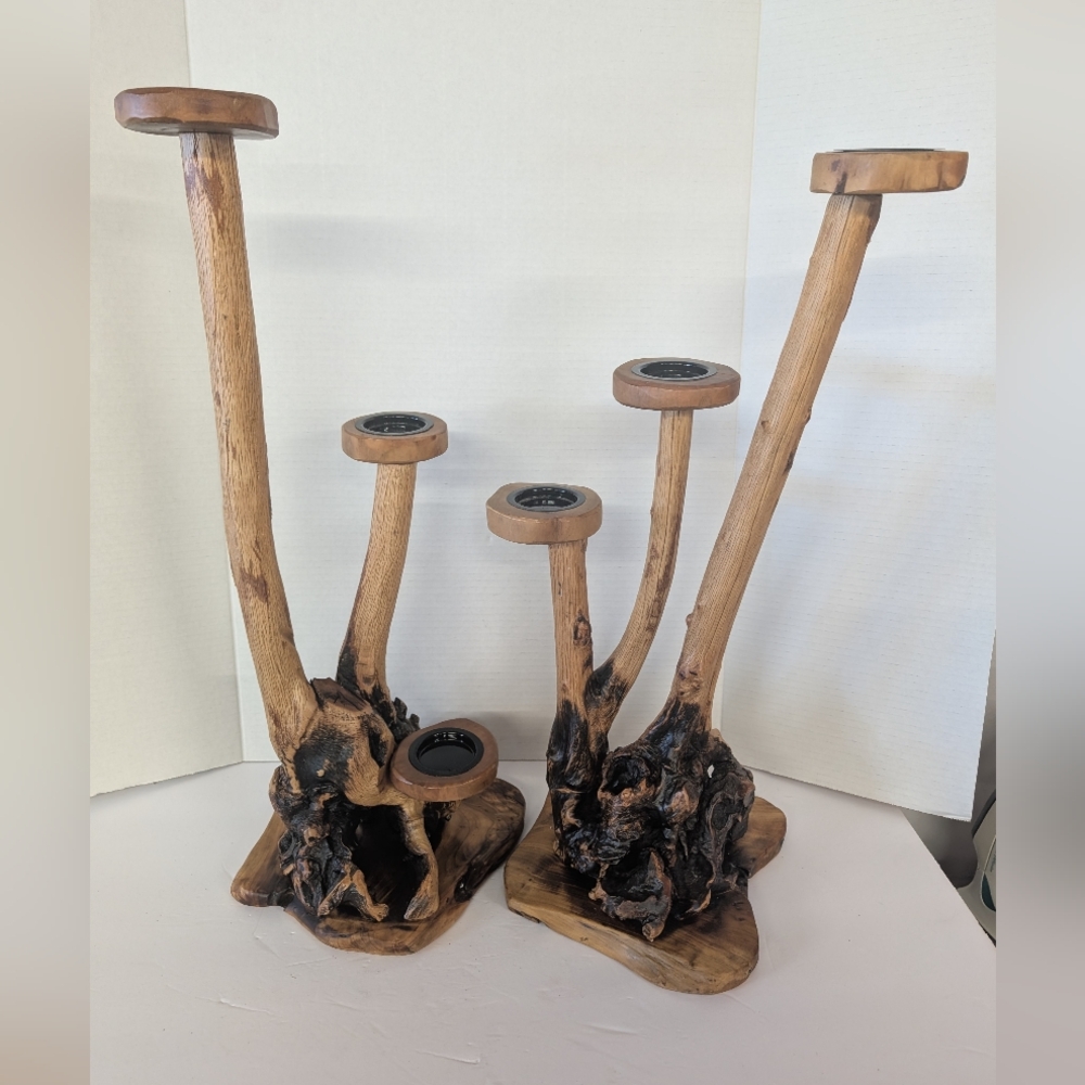 Vintage Candle Holder Wood Rustic Large Set Made Out of Burl-Wood
